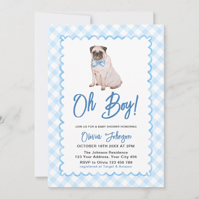 Hund Blå Gingham Oj Pojke Barnkalas Inbjudningar (Framsida)