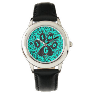 Hund Black and White Polka Dot på levande cyan Armbandsur