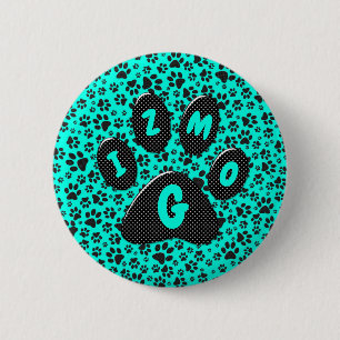 Hund Black and White Polka Dot på levande cyan Knapp