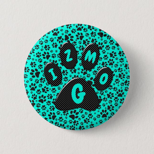 Hund Black and White Polka Dot på levande cyan Knapp (Framsida)