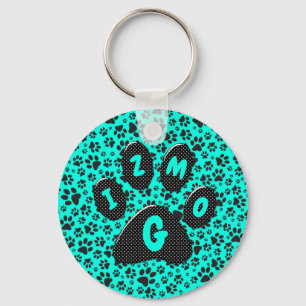 Hund Black and White Polka Dot på levande cyan Nyckelring