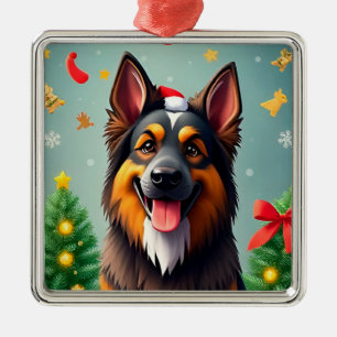 Hund bland juldekorationer