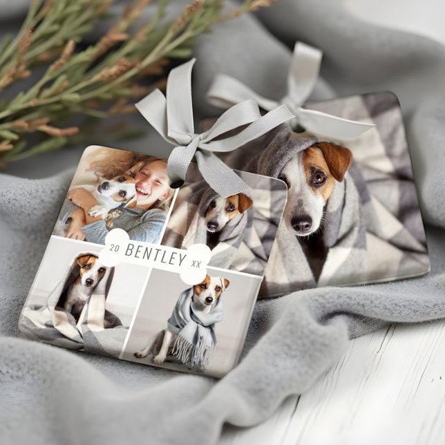 Hund Bone Modern Four Photo Pet Collage Julgransprydnad Keramik (Dog Bone Modern Four Photo Pet Collage Ceramic Ornament)