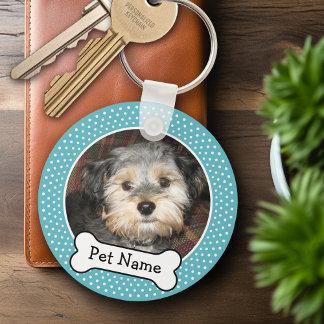 Hund Bone och Blue Polka Dot Pet Photo Ram Nyckelring