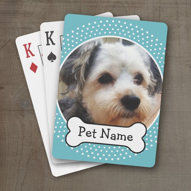 Hund Bone och Blue Polka Dot Pet Photo Ram Spel Kort (Personalized Playing Cards)