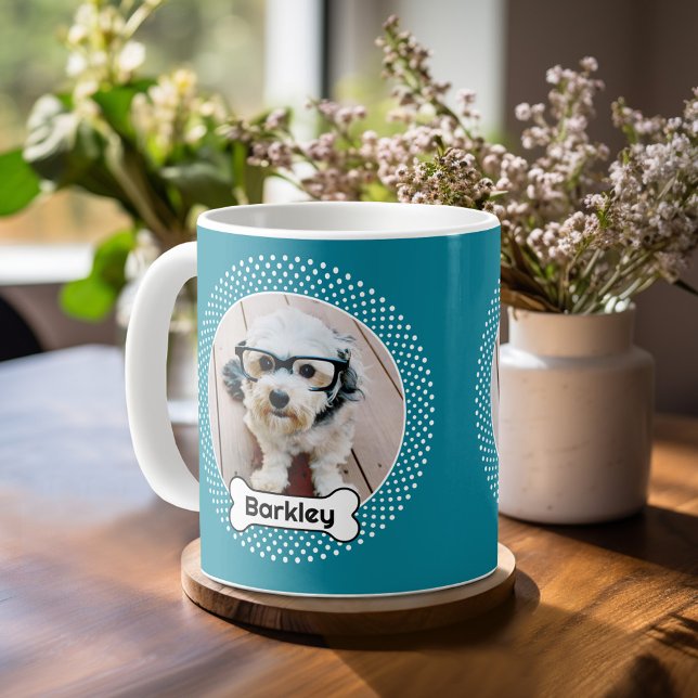 Hund Bone och Polka Dot Pet Photo Ram - Blue Kaffemugg (Personalized mug with a photo on each side - pet theme)