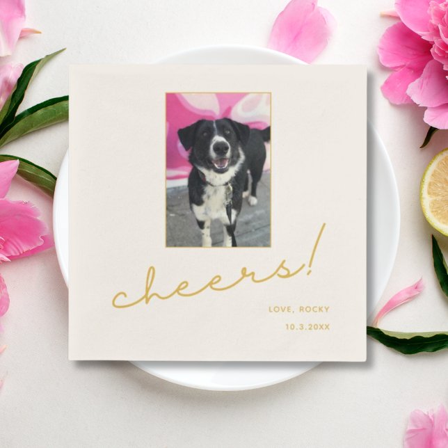 Hund Bröllop Napkins Guld Cheers Pet Photo Pappersservett (Gold Minimalist Pet Photo Cheers Wedding Napkins
)