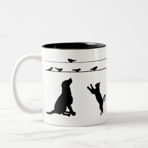 Hund Cat Birds Silhouettes Wire Pets Puppy Animal Två-Tonad Mugg