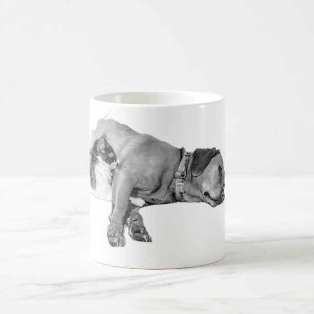 Hund & Cat Cuddling Monochrome Art Mugg (Center)