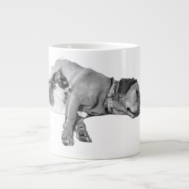 Hund & Cat Cuddling Monochrome Art Mugg Jumbo Mugg (Framsidan)