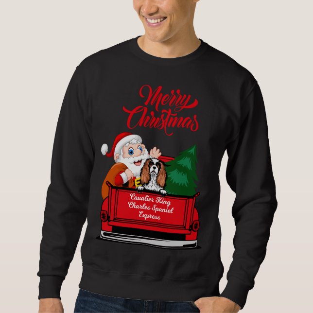 Hund Cavalier Kung Charles Spain Santa Red Lastbil Lång Ärmad Tröja (Framsida)