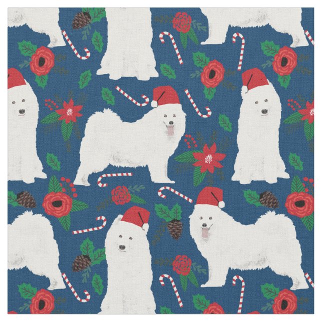 hund christmas blommigt navy blue tyg (Närbild)