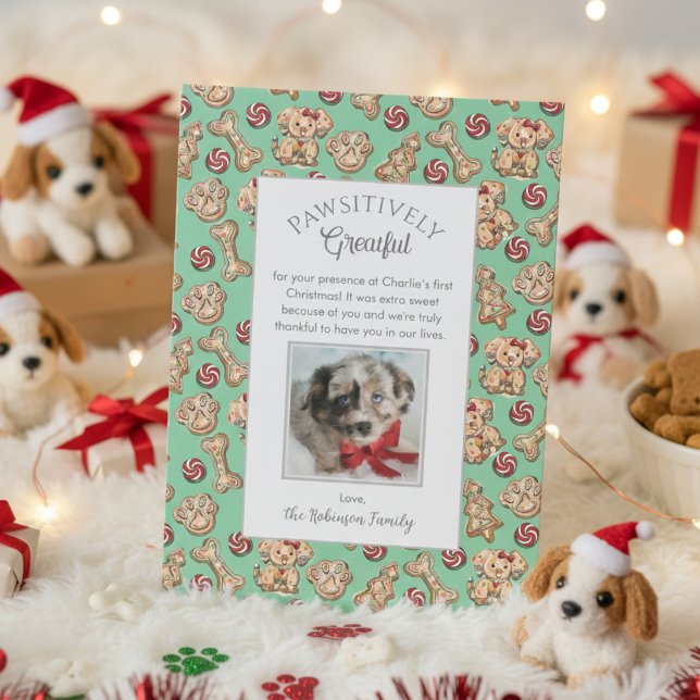 Hund Cookies Puppys första tackkort Tack Kort (Christmas Pawsitively Grateful Puppy 1st Xmas Pet Thank You Cards. Cute Colorful Gingerbread Cookies)