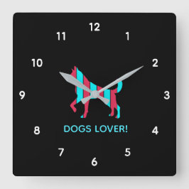 Hund - Cute Pet Art, Blått och rött Abstrakt Djur Fyrkantig Klocka