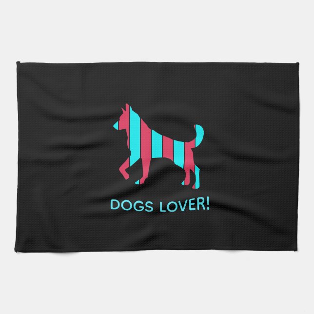 Hund - Cute Pet Art, Blue & Red Abstrakt Animal Kökshandduk (Horisontell)