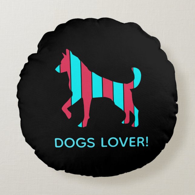 Hund - Cute Pet Art, Blue & Red Abstrakt Animal Rund Kudde (Framsidan)