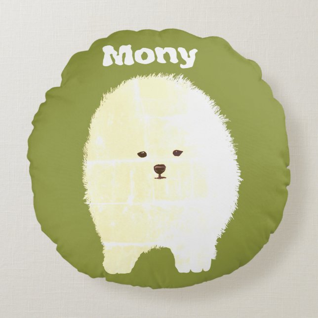 Hund, Cute Pommern Fluffy Pet Art Round cushion Rund Kudde (Framsidan)