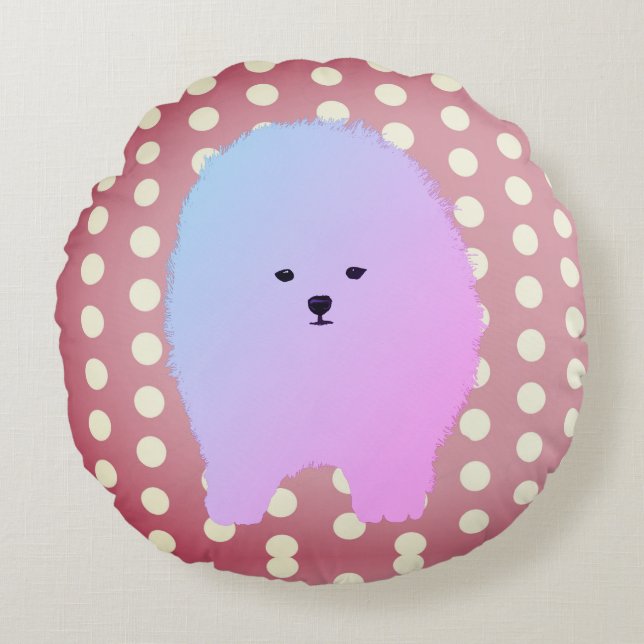 Hund, Cute Pommern Fluffy Pillow Rund Kudde (Framsidan)