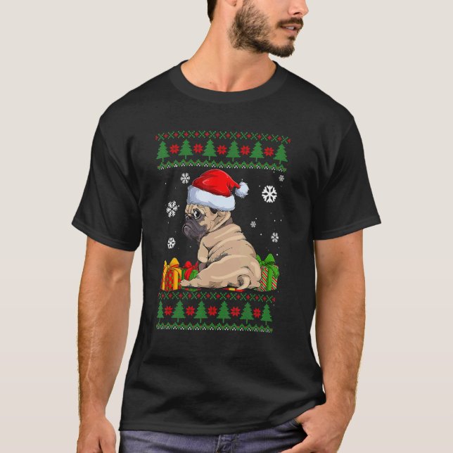 Hund Cute Pug Santa Hat Ugly jul Sweater T Shirt (Framsida)