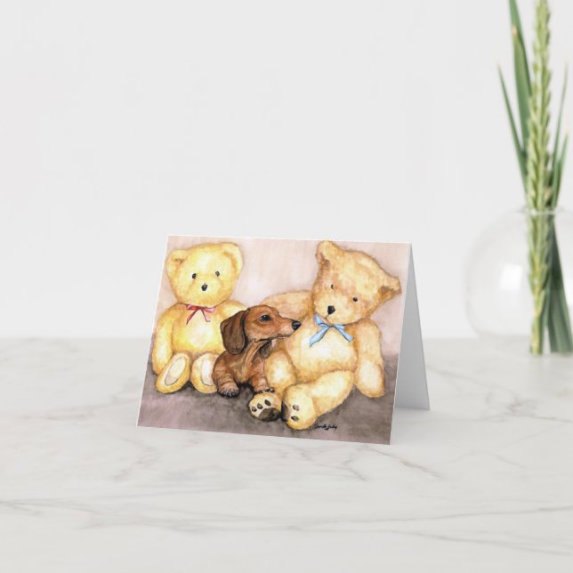 hund "Dachshund and Bear Friends" Art Notecard Kort (Framsida)