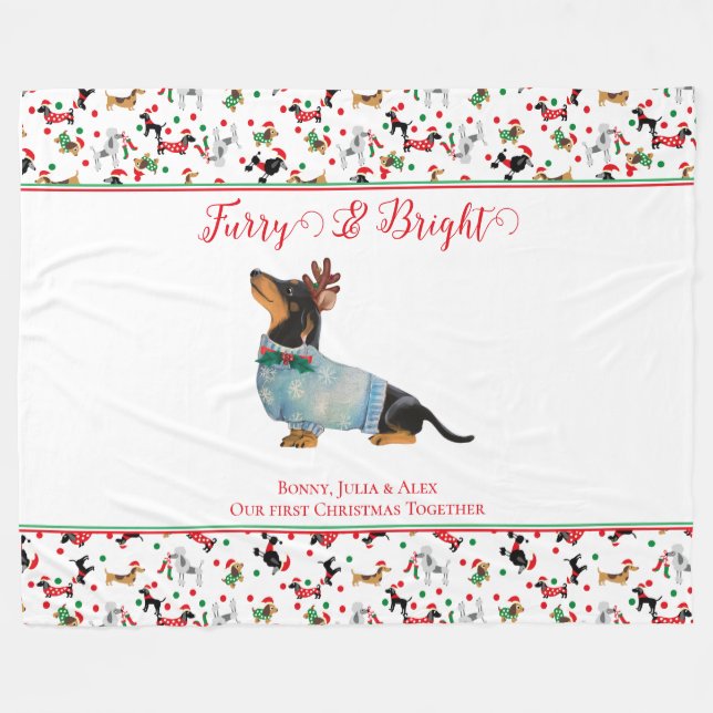 Hund Dachshund Reindeer Hat jul Hårig Bright Fleecefilt (Framsidan (Horisontell))