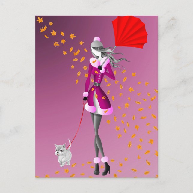 Hund & Dam Autumn Leaves Rosa vykort (Framsida)