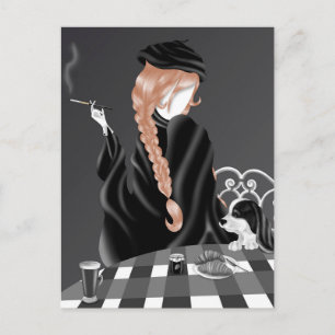 Hund & Dam vid café Brunette Hair Postcard Vykort