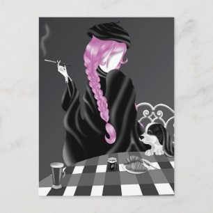 Hund & Dam vid café Pink Hair Postcard Vykort