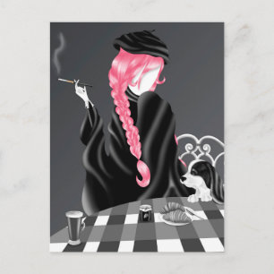 Hund & Dam vid café Pink Hair Postcard Vykort