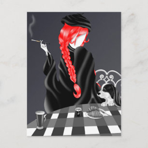 Hund & Dam vid caféet Red Hair Postcard Vykort