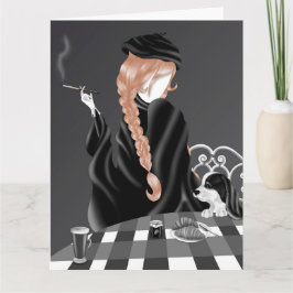 Hund & Dam vid kafé Brunt Hår Vykort