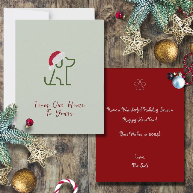 Hund disposition Grönt med Santa Hat-Helgdag Anteckningskort (From Our Home to Yours. Featuring a green dog outline wearing a Santa Hat! Very Festiv, Customizable)