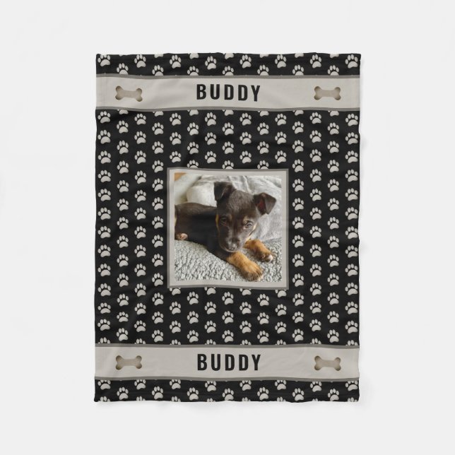 Hund Djurälskare Photo Paw Print Black Grått Fleecefilt (Framsidan)