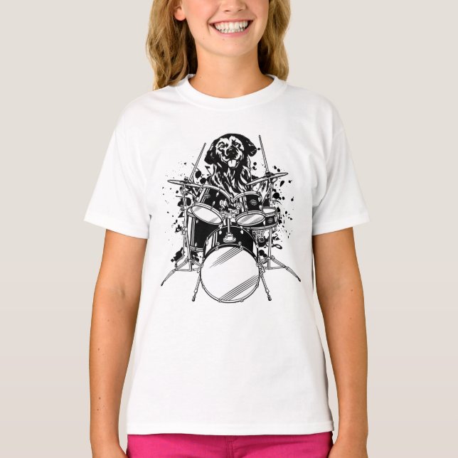 Hund Drummer spelar Drums Girl T Shirt (Framsida)