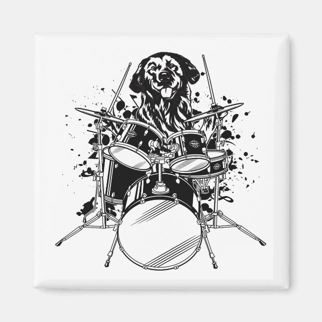 Hund Drummer spelar Drums Square Magnet (Framsidan)