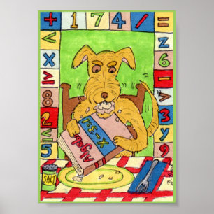 Hund Eating Math Homwork Mini Folk Art Poster