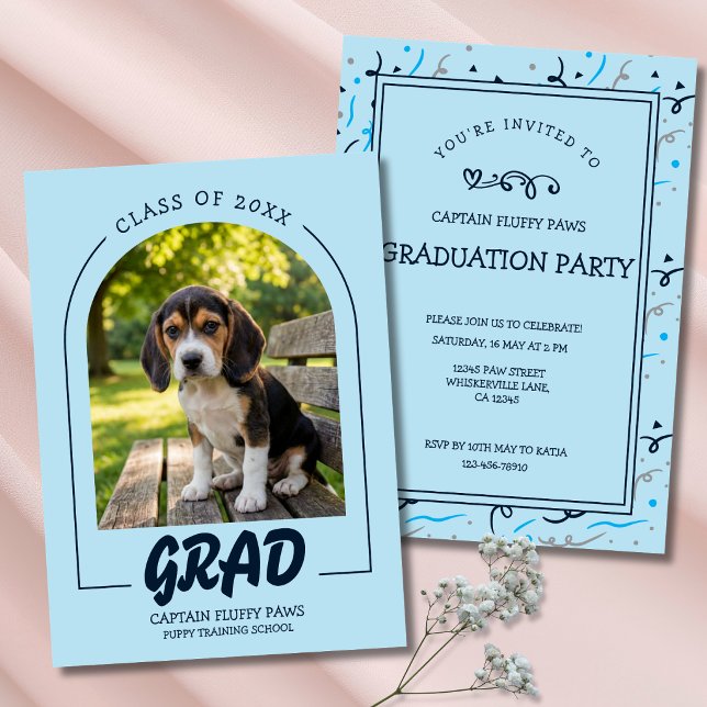 Hund Examen Husdjur Foto Babyblå & Marinblå Inbjudningar (Dog Graduation Party Invitation cards Pet Photos Baby Blue and navy blue)