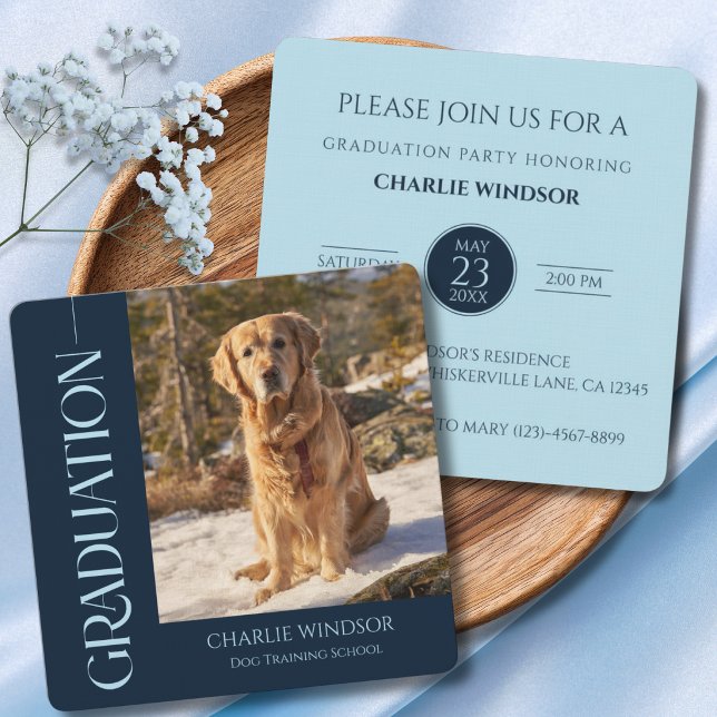 Hund Examens Inbjudningskort Babyblå och Marinblå (Dog Graduation announcement and invitation cards)