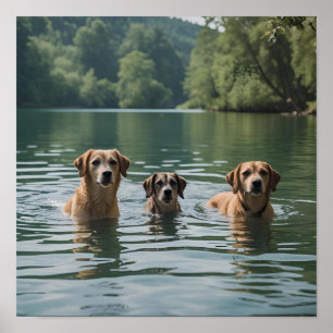 Hund Familjeschimming i Sjö - Tranquil Nature Art Poster