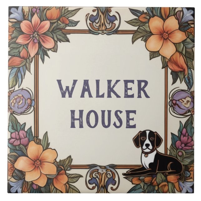 Hund & Flowers Anpassningsbar House Namn Plate Sig Kakelplatta (Framsidan)