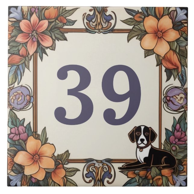 Hund & Flowers Anpassningsbar House Number - skylt Kakelplatta (Framsidan)