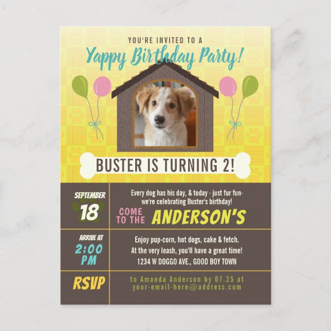 Hund Födelsedagsfest Hund House och Tass Anpassnin Inbjudan Vykort (Framsida)