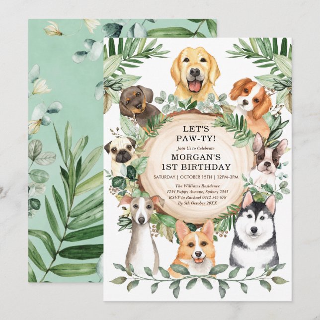 Hund Födelsedagsfest Puppy Tass-ty Greenery Löv Inbjudningar (Fram/baksida)