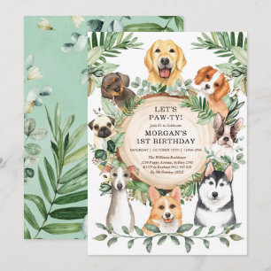 Hund Födelsedagsfest Puppy Tass-ty Greenery Löv Inbjudningar