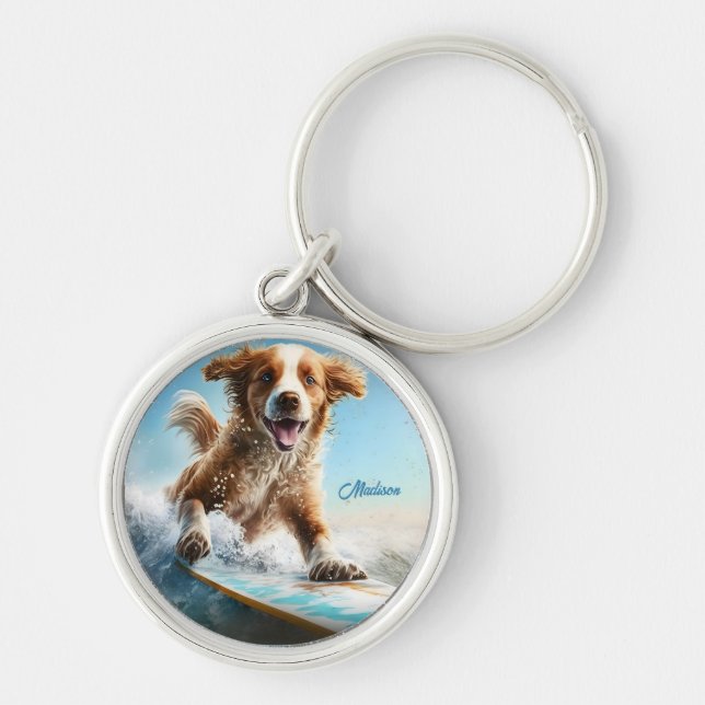 Hund för anpassad namnsökning rund silverfärgad nyckelring (Framsidan)