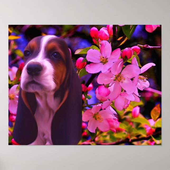 Hund för Basset Hound Puppy Blommars  Poster (Framsidan)