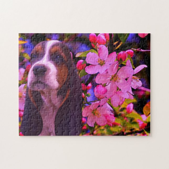 Hund för Basset Hound Puppy Blommars  Pussel (Horisontell)