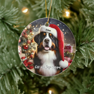 Hund för det vackra Bernese-berget med Santa Hat Julgransprydnad Keramik