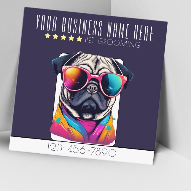 hund för Grooming snyggt pug Hund coola Fyrkantigt Visitkort (Catch the attention with this stylish pug with colorful sunglasses. Give away to gain loyal clients.)