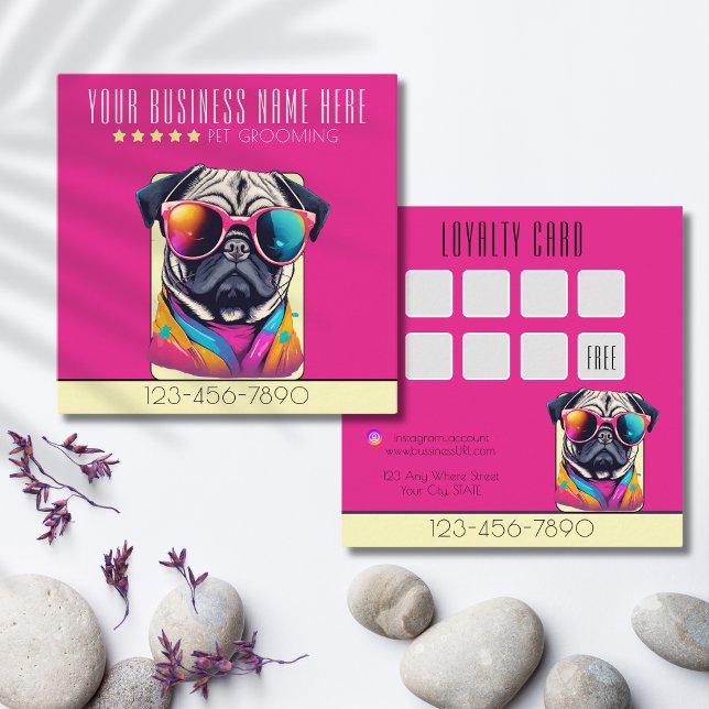 hund för Grooming snyggt pug Hund coola Fyrkantigt Visitkort (Hot pink colorful cool dog, a loyalty customer card with a lot of attitude. )